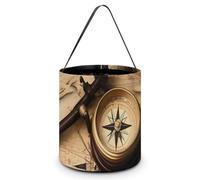 ERSTSNCK Compass And Old World Map Halloween Candy Buckets Reusable Tote Candy Bag - Trick Or Treat Goody Bag with Handles