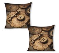 ERSTSNCK Compass and Old World Map Pillow Covers 18"x18"（2pcs） Linen Throw Pillow Covers - Double Sided Decorative Square Cushion Cases for Sofa, Bed, Chair (No Insert Included)