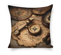 ERSTSNCK Compass and Old World Map Pillow Covers 18"x18" Linen Throw Pillow Covers - Double Sided Decorative Square Cushion Cases for Sofa, Bed, Chair (No Insert Included)