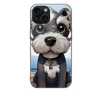 ERSTSNCK Compatible with iPhone 15 Case Adorable Schnauzer Stylish Phone Case for Women Men, Tempered Glass Shockproof Slim Cover for 15 Pro Black