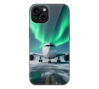 ERSTSNCK Compatible with iPhone 15 Case Airplane Under The Polar Night Sky Stylish Phone Case for Women Men, Tempered Glass Shockproof Slim Cover for 15 Pro Black