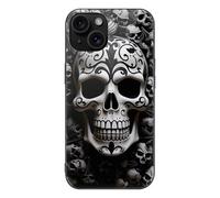 ERSTSNCK Compatible with iPhone 15 Case Black and White Skulls Stylish Phone Case for Women Men, Tempered Glass Shockproof Slim Cover for 15 Pro