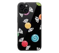 ERSTSNCK Compatible with iPhone 15 Case Black Colorful Candys Stylish Phone Case for Women Men, Tempered Glass Shockproof Slim Cover for 15 Pro