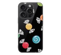 ERSTSNCK Compatible with iPhone 15 Case Black Colorful Candys Stylish Phone Case for Women Men, Tempered Glass Shockproof Slim Cover for 15 Pro