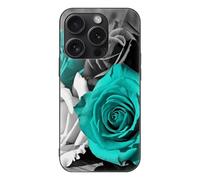 ERSTSNCK Compatible with iPhone 15 Case Black White Teal Gray Rose Flowers Stylish Phone Case for Women Men, Tempered Glass Shockproof Slim Cover for 15 Pro