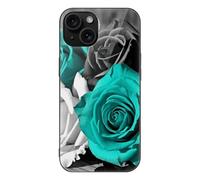 ERSTSNCK Compatible with iPhone 15 Case Black White Teal Gray Rose Flowers Stylish Phone Case for Women Men, Tempered Glass Shockproof Slim Cover for 15 Pro