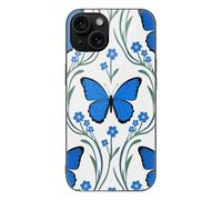 ERSTSNCK Compatible with iPhone 15 Case Blue Butterfly Flower Stylish Phone Case for Women Men, Tempered Glass Shockproof Slim Cover for 15 Pro