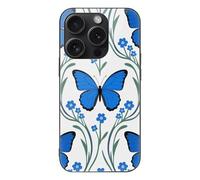 ERSTSNCK Compatible with iPhone 15 Case Blue Butterfly Flower Stylish Phone Case for Women Men, Tempered Glass Shockproof Slim Cover for 15 Pro