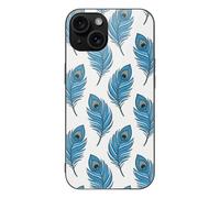 ERSTSNCK Compatible with iPhone 15 Case Blue Peacock Feather Stylish Phone Case for Women Men, Tempered Glass Shockproof Slim Cover for 15 Pro