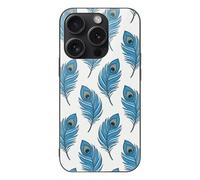 ERSTSNCK Compatible with iPhone 15 Case Blue Peacock Feather Stylish Phone Case for Women Men, Tempered Glass Shockproof Slim Cover for 15 Pro