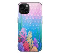 ERSTSNCK Compatible with iPhone 15 Case Blue Pink Mermaid Scales Ocean Coral Stylish Phone Case for Women Men, Tempered Glass Shockproof Slim Cover for 15 Pro