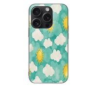 ERSTSNCK Compatible with iPhone 15 Case Clouds and Sun Stylish Phone Case for Women Men, Tempered Glass Shockproof Slim Cover for 15 Pro Black