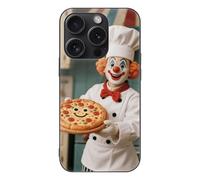 ERSTSNCK Compatible with iPhone 15 Case Clown Holding Pizza Stylish Phone Case for Women Men, Tempered Glass Shockproof Slim Cover for 15 Pro Black