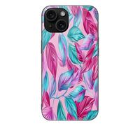 ERSTSNCK Compatible with iPhone 15 Case Cyan Leaf Pattern Stylish Phone Case for Women Men, Tempered Glass Shockproof Slim Cover for 15 Pro