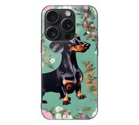 ERSTSNCK Compatible with iPhone 15 Case Dachshund Florals Stylish Phone Case for Women Men, Tempered Glass Shockproof Slim Cover for 15 Pro Black