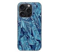 ERSTSNCK Compatible with iPhone 15 Case Dark Blue Leaves Stylish Phone Case for Women Men, Tempered Glass Shockproof Slim Cover for 15 Pro