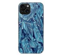 ERSTSNCK Compatible with iPhone 15 Case Dark Blue Leaves Stylish Phone Case for Women Men, Tempered Glass Shockproof Slim Cover for 15 Pro