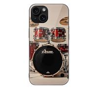 ERSTSNCK Compatible with iPhone 15 Case Drum Set-Standard Stylish Phone Case for Women Men, Tempered Glass Shockproof Slim Cover for 15 Pro Black