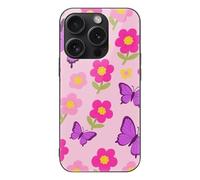 ERSTSNCK Compatible with iPhone 15 Case Flower Butterfly Bright Stylish Phone Case for Women Men, Tempered Glass Shockproof Slim Cover for 15 Pro