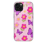 ERSTSNCK Compatible with iPhone 15 Case Flower Butterfly Bright Stylish Phone Case for Women Men, Tempered Glass Shockproof Slim Cover for 15 Pro