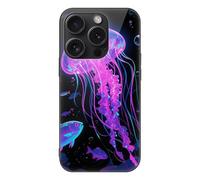 ERSTSNCK Compatible with iPhone 15 Case Fluorescent Jellyfish Stylish Phone Case for Women Men, Tempered Glass Shockproof Slim Cover for 15 Pro Black