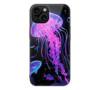 ERSTSNCK Compatible with iPhone 15 Case Fluorescent Jellyfish Stylish Phone Case for Women Men, Tempered Glass Shockproof Slim Cover for 15 Pro Black