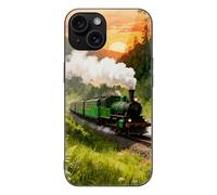 ERSTSNCK Compatible with iPhone 15 Case Forest Steam Car Stylish Phone Case for Women Men, Tempered Glass Shockproof Slim Cover for 15 Pro Black