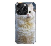 ERSTSNCK Compatible with iPhone 15 Case Gorgeous White Cat Stylish Phone Case for Women Men, Tempered Glass Shockproof Slim Cover for 15 Pro
