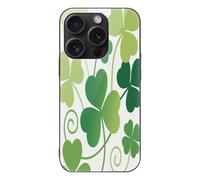 ERSTSNCK Compatible with iPhone 15 Case Green Clover Leaves Stylish Phone Case for Women Men, Tempered Glass Shockproof Slim Cover for 15 Pro