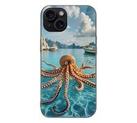 ERSTSNCK Compatible with iPhone 15 Case Octopus and Boat Stylish Phone Case for Women Men, Tempered Glass Shockproof Slim Cover for 15 Pro Black