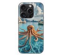 ERSTSNCK Compatible with iPhone 15 Case Octopus and Boat Stylish Phone Case for Women Men, Tempered Glass Shockproof Slim Cover for 15 Pro Black