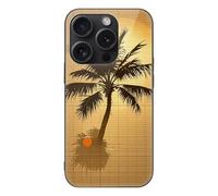 ERSTSNCK Compatible with iPhone 15 Case Palm Tree Sun and Grid Stylish Phone Case for Women Men, Tempered Glass Shockproof Slim Cover for 15 Pro Black