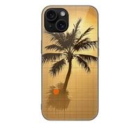ERSTSNCK Compatible with iPhone 15 Case Palm Tree Sun and Grid Stylish Phone Case for Women Men, Tempered Glass Shockproof Slim Cover for 15 Pro Black