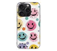 ERSTSNCK Compatible with iPhone 15 Case Pastel Color Happy Face Stylish Phone Case for Women Men, Tempered Glass Shockproof Slim Cover for 15 Pro Black