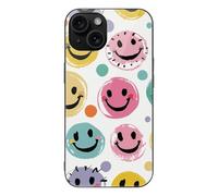 ERSTSNCK Compatible with iPhone 15 Case Pastel Color Happy Face Stylish Phone Case for Women Men, Tempered Glass Shockproof Slim Cover for 15 Pro Black