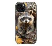 ERSTSNCK Compatible with iPhone 15 Case Raccoon in The Fall Tree Hole Stylish Phone Case for Women Men, Tempered Glass Shockproof Slim Cover for 15 Pro Black