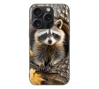 ERSTSNCK Compatible with iPhone 15 Case Raccoon in The Fall Tree Hole Stylish Phone Case for Women Men, Tempered Glass Shockproof Slim Cover for 15 Pro Black