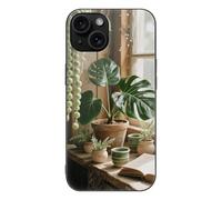 ERSTSNCK Compatible with iPhone 15 Case Sage Green Boho Stylish Phone Case for Women Men, Tempered Glass Shockproof Slim Cover for 15 Pro