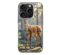 ERSTSNCK Compatible with iPhone 15 Case Sika Deer Stylish Phone Case for Women Men, Tempered Glass Shockproof Slim Cover for 15 Pro Black