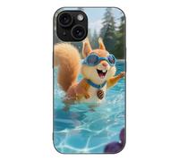ERSTSNCK Compatible with iPhone 15 Case Squirrel Pool Joy Stylish Phone Case for Women Men, Tempered Glass Shockproof Slim Cover for 15 Pro Black