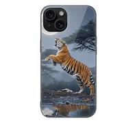 ERSTSNCK Compatible with iPhone 15 Case Tiger Moon Stylish Phone Case for Women Men, Tempered Glass Shockproof Slim Cover for 15 Pro Black