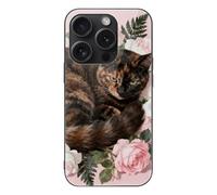 ERSTSNCK Compatible with iPhone 15 Case Tortoiseshell Cat in Roses Stylish Phone Case for Women Men, Tempered Glass Shockproof Slim Cover for 15 Pro