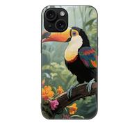 ERSTSNCK Compatible with iPhone 15 Case Toucan in The Rainforest Stylish Phone Case for Women Men, Tempered Glass Shockproof Slim Cover for 15 Pro Black