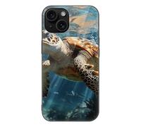 ERSTSNCK Compatible with iPhone 15 Case Turtle Swimming Stylish Phone Case for Women Men, Tempered Glass Shockproof Slim Cover for 15 Pro Black
