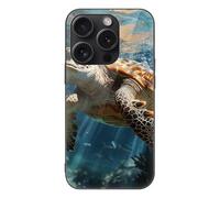 ERSTSNCK Compatible with iPhone 15 Case Turtle Swimming Stylish Phone Case for Women Men, Tempered Glass Shockproof Slim Cover for 15 Pro Black