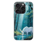ERSTSNCK Compatible with iPhone 15 Case Unicorn in The Ancient Forest Stylish Phone Case for Women Men, Tempered Glass Shockproof Slim Cover for 15 Pro Black