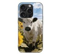 ERSTSNCK Compatible with iPhone 15 Case Western Highland Cow Sunflowers Stylish Phone Case for Women Men, Tempered Glass Shockproof Slim Cover for 15 Pro