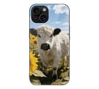 ERSTSNCK Compatible with iPhone 15 Case Western Highland Cow Sunflowers Stylish Phone Case for Women Men, Tempered Glass Shockproof Slim Cover for 15 Pro