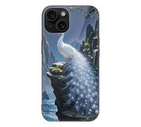 ERSTSNCK Compatible with iPhone 15 Case White Peacock and Moon Stylish Phone Case for Women Men, Tempered Glass Shockproof Slim Cover for 15 Pro