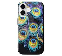 ERSTSNCK Compatible with iPhone 16 Case A Bunch of Peacock Feathers Stylish Phone Case for Women Men, Tempered Glass Shockproof Slim Cover for 16 Pro Black